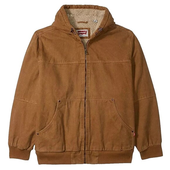 Levi's Washed Cotton Canvas Sherpa Utility Hooded Bomber Brown Jacket XXL NEW - Picture 2 of 6